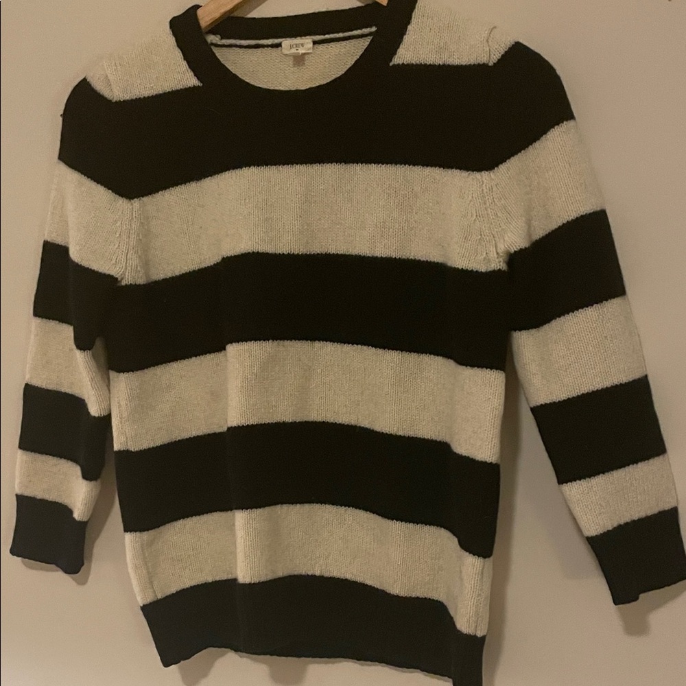 J. Crew Black and Cream Striped Crewneck Sweater